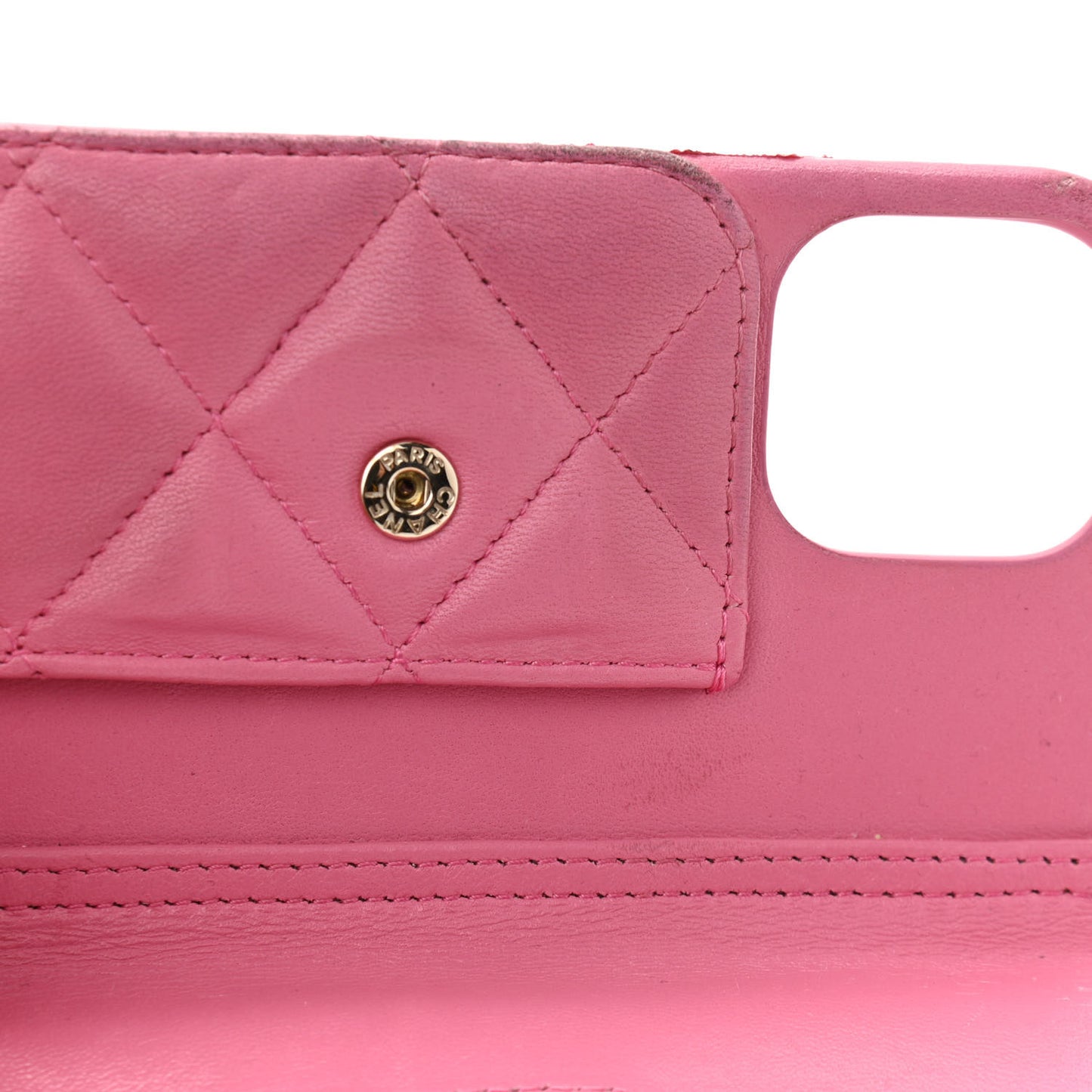 Lambskin Quilted Pearl Crush iPhone XII Pro Holder With Chain Pink