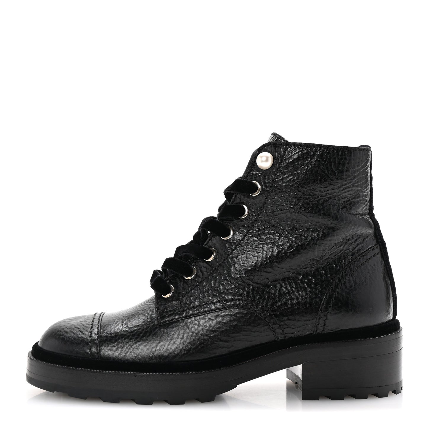 Shiny Calfskin Velvet Pearl Combat Short Boots 38 Black
