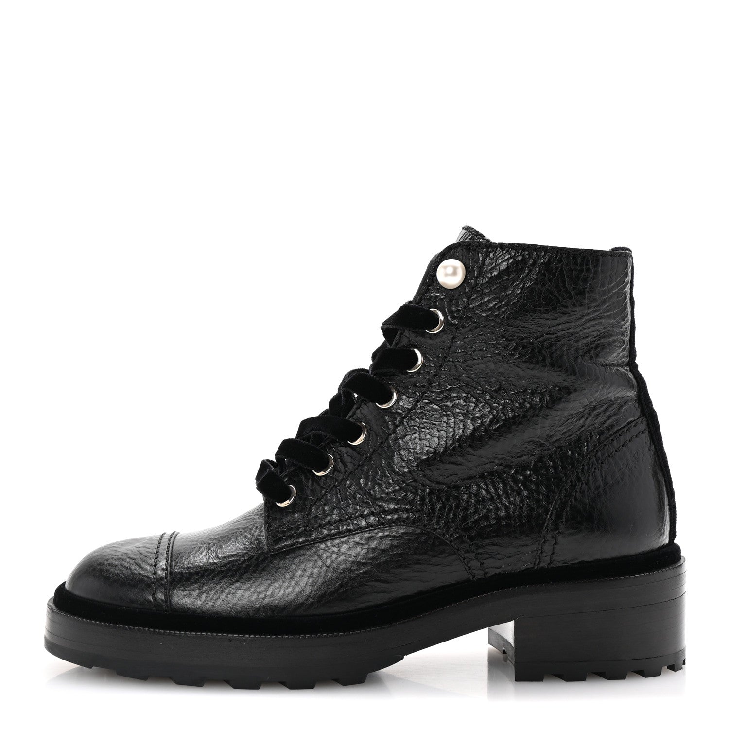 Chanel Shiny Calfskin Velvet Pearl Combat Short Boots 38 Black 1 of 10
