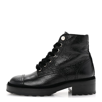 Chanel Shiny Calfskin Velvet Pearl Combat Short Boots 38 Black 1 of 10