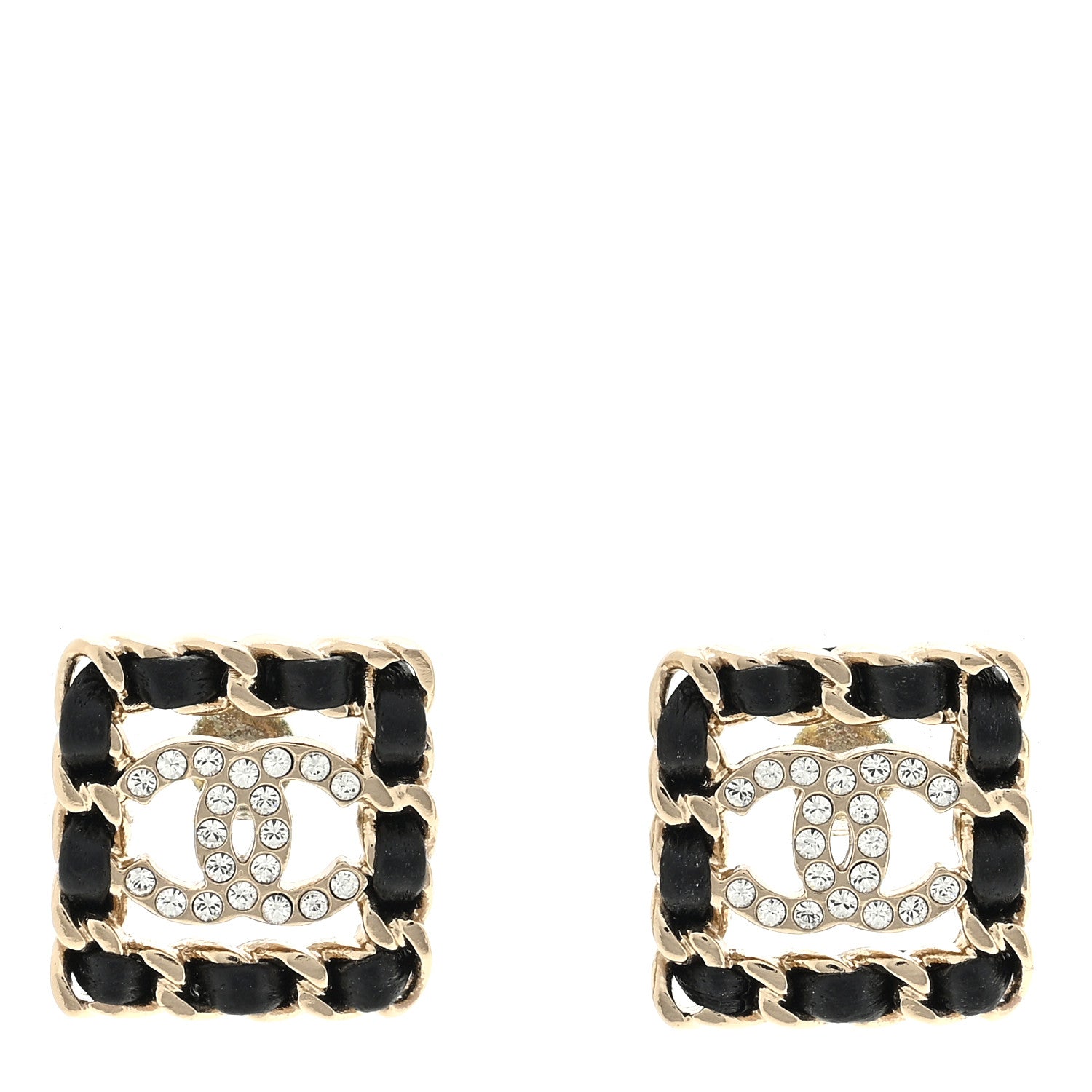 Chanel Crystal Lambskin Chain Sergeant Chanel Stud Earrings Black Gold 1 of 4