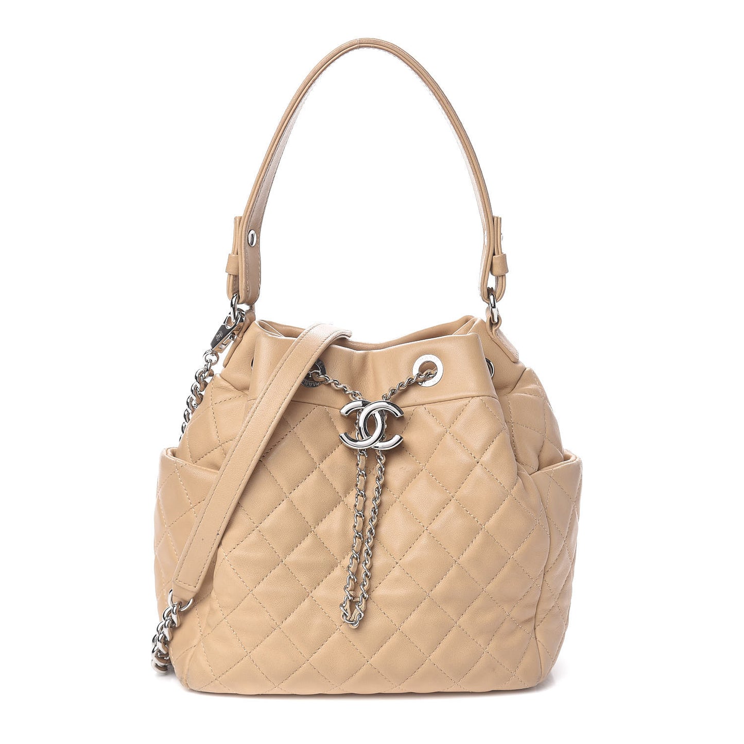 Lambskin Quilted Small CC Chain Bucket Bag Beige