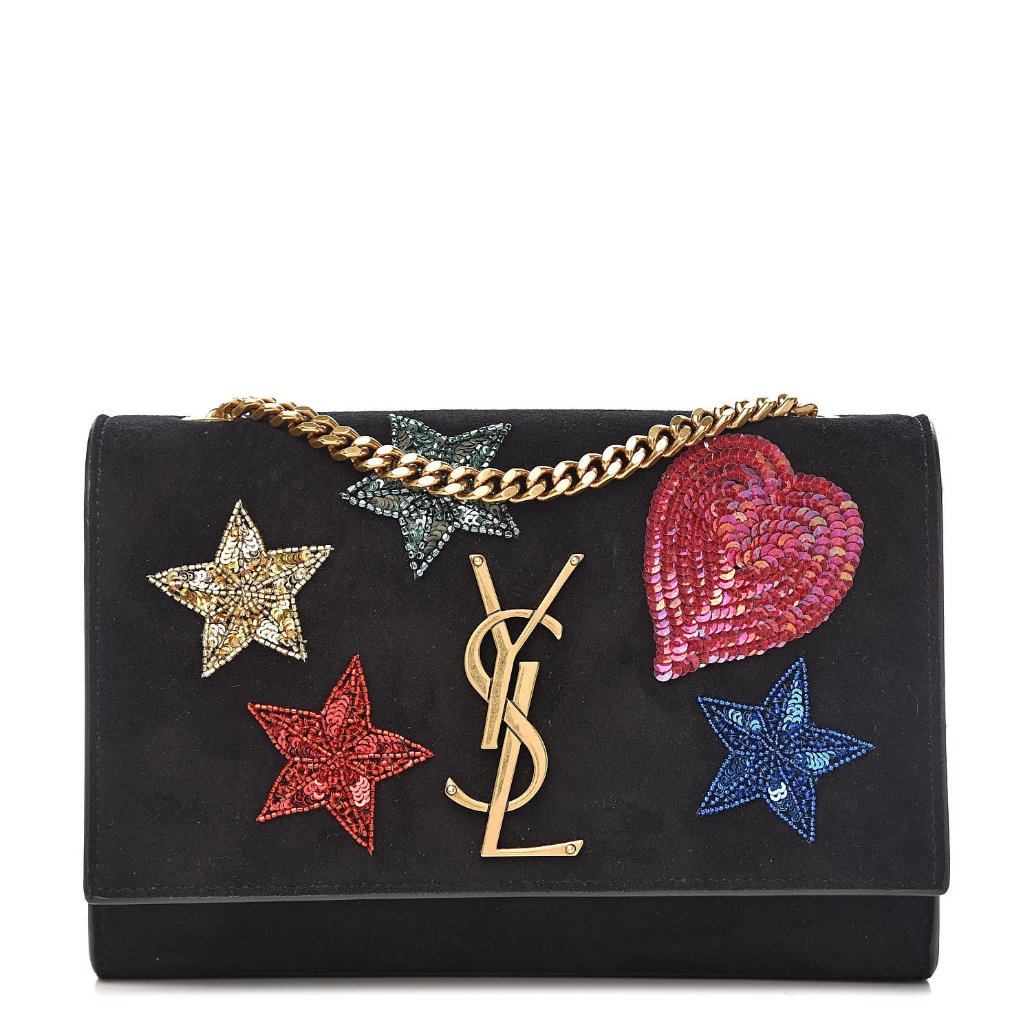 Saint Laurent Suede Embroidered Patches Small Monogram Kate Satchel Black 1 of 10