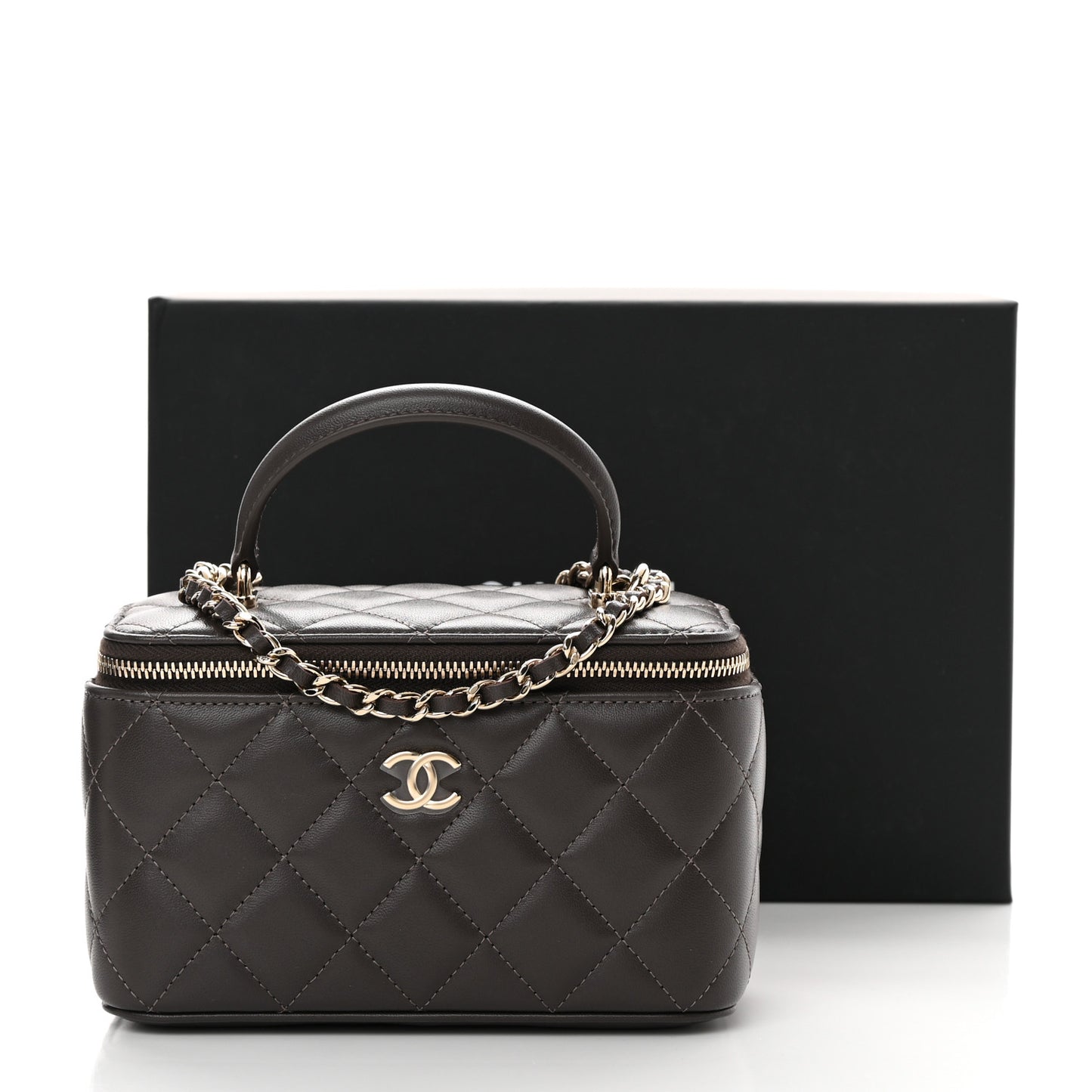 Lambskin Quilted Small Top Handle Vanity Case With Chain Dark Brown