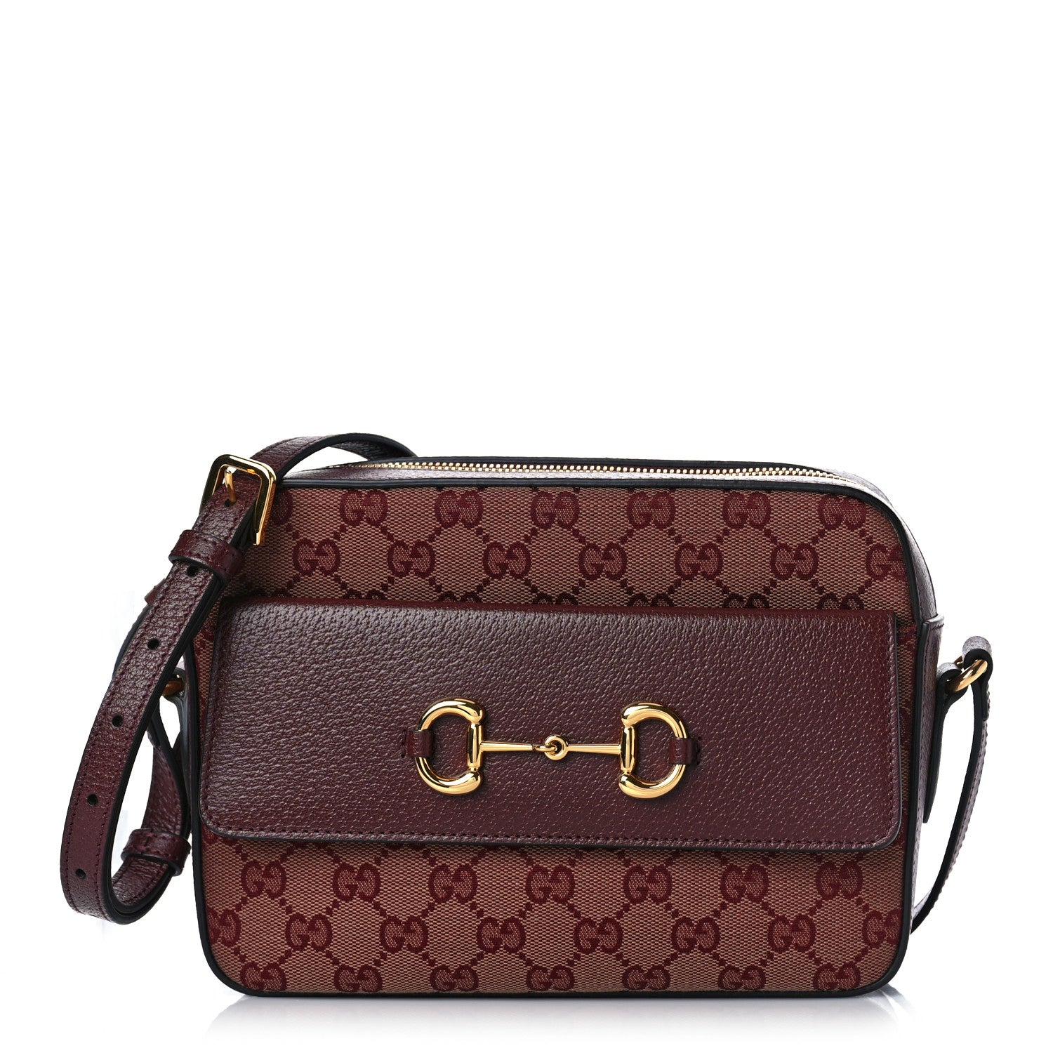 Gucci Monogram Textured Dollar Calfskin Small Horsebit 1955 Shoulder Bag Sahara Rubino Chardonnay 1 of 9