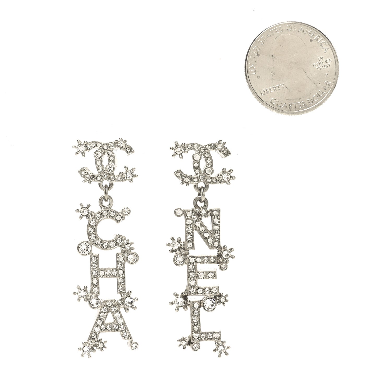 Crystal Cha-Nel Logo Drop Earrings Silver