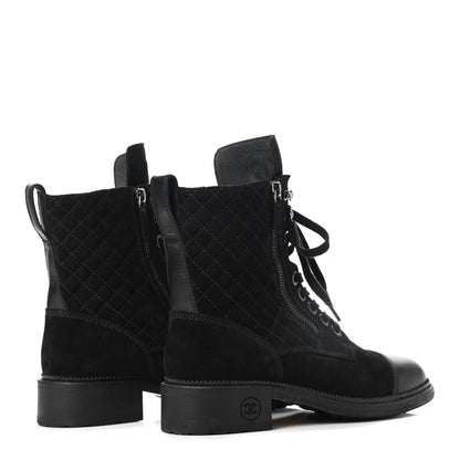 Chanel Suede Quilted CC Lace Up Combat Boots 39 Black 4 of 7