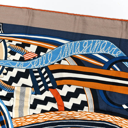 Hermes Cashmere Silk La Selle Imaginaire Shawl 140 Marron Glace Bleu 2 of 4