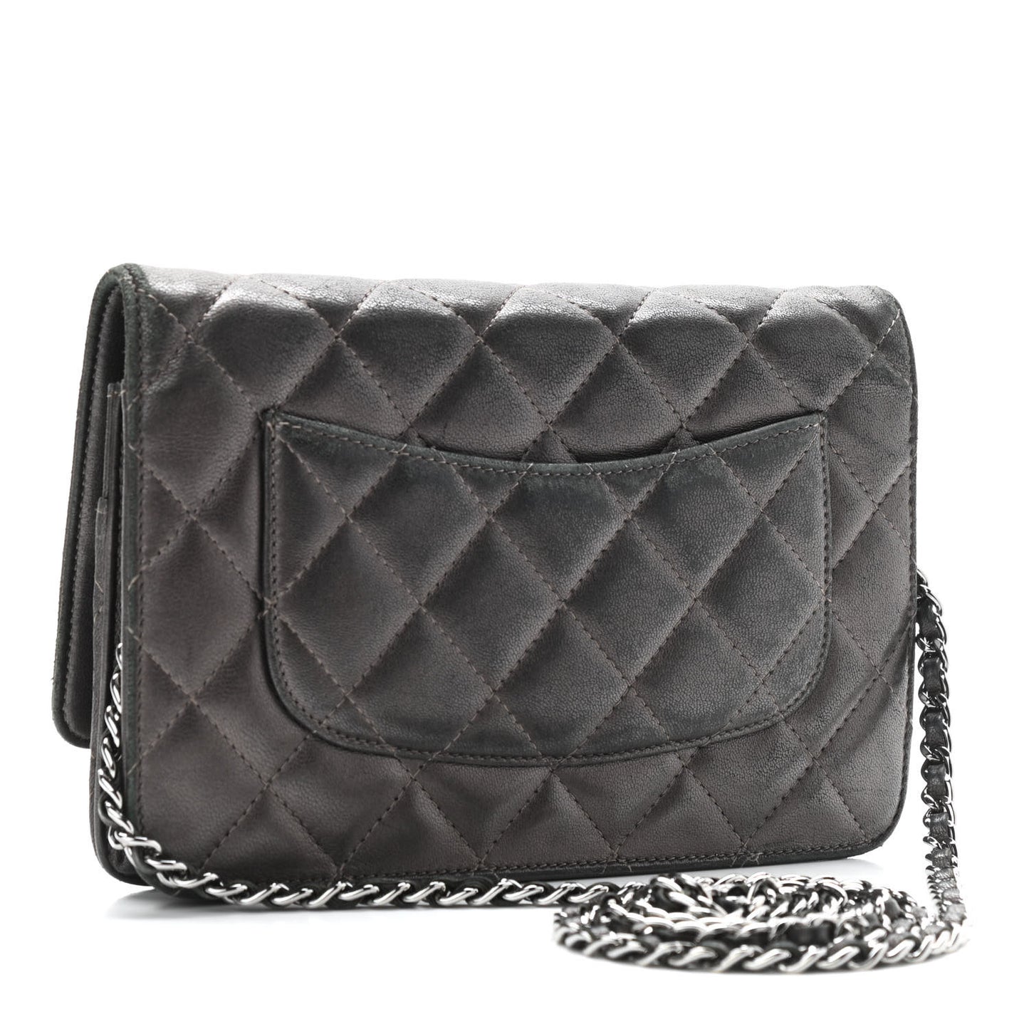 Metallic Lambskin Quilted Wallet On Chain WOC Dark Grey