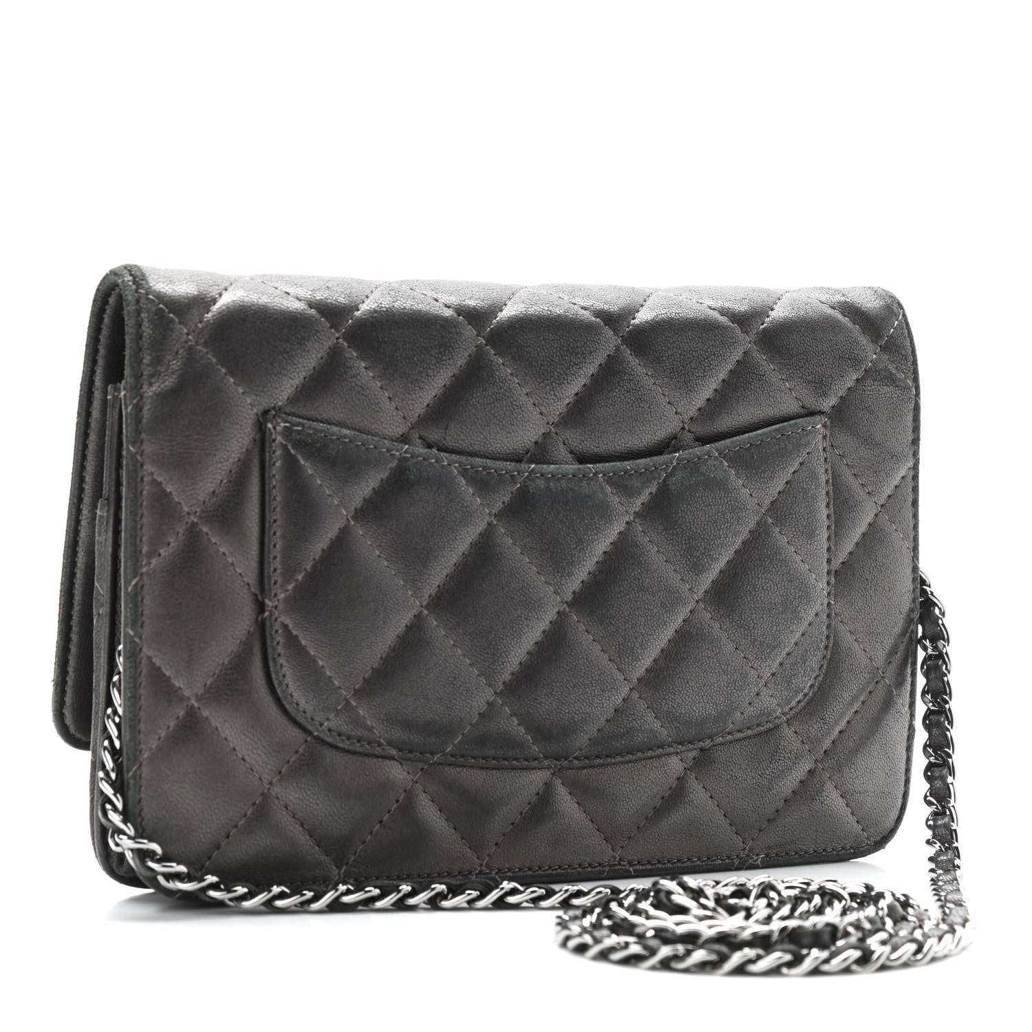 Chanel Metallic Lambskin Quilted Wallet On Chain WOC Dark Grey 2 of 12