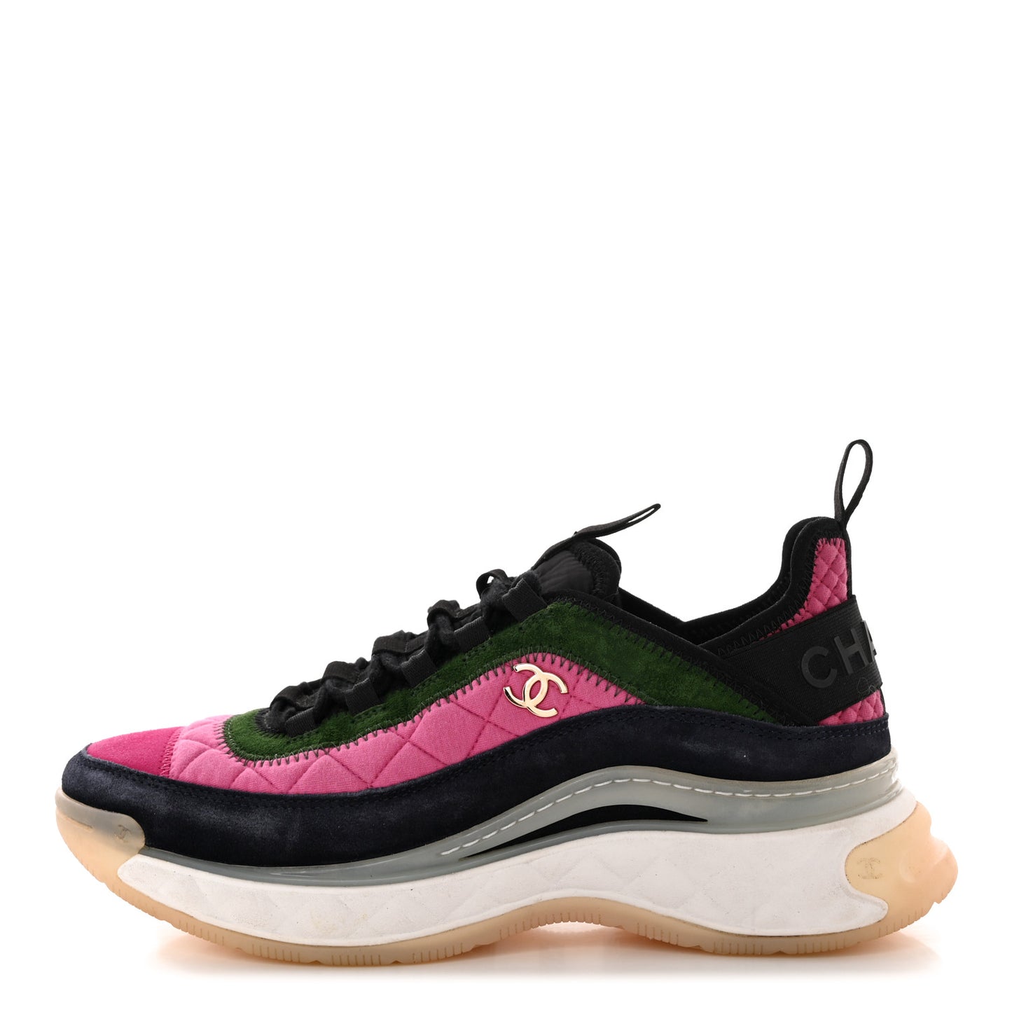 Velvet Calfskin Mixed Fibers CC Sneakers 39 Pink Green