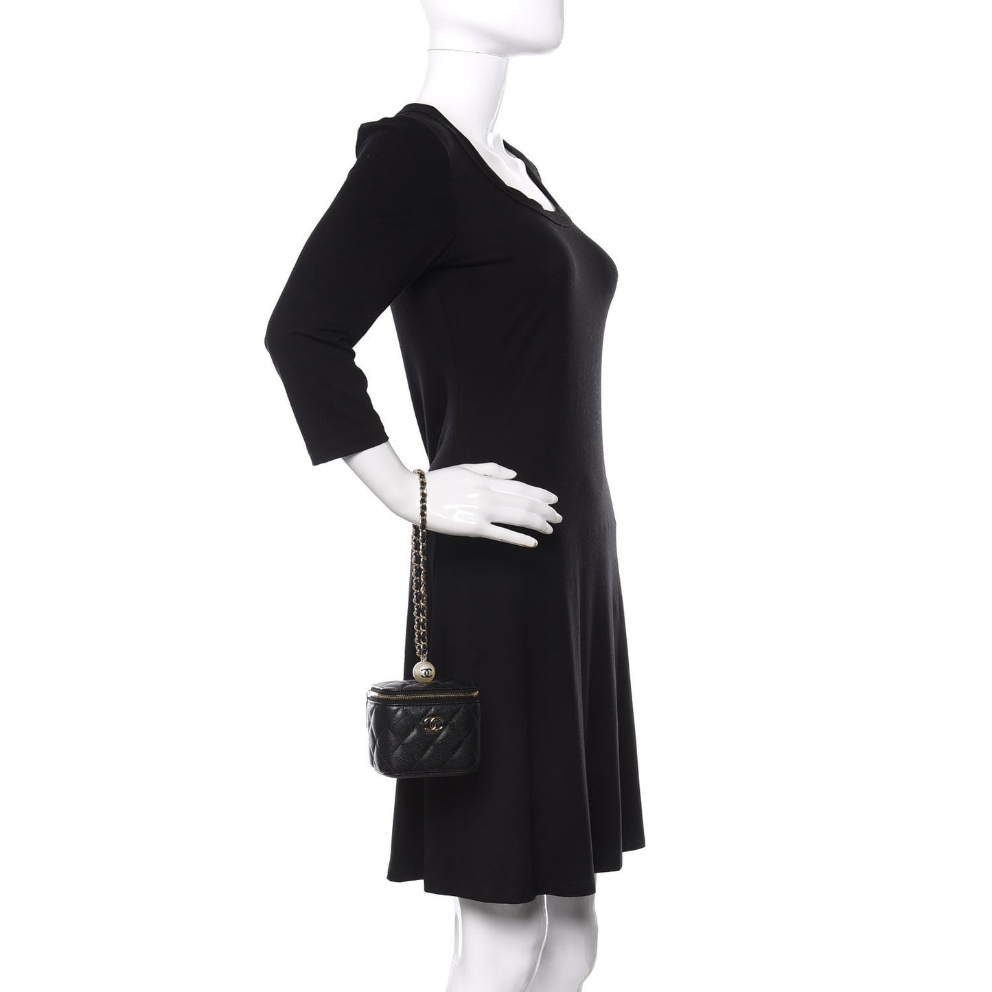 Caviar Quilted Mini Pearl On Top Vanity Case With Chain Black
