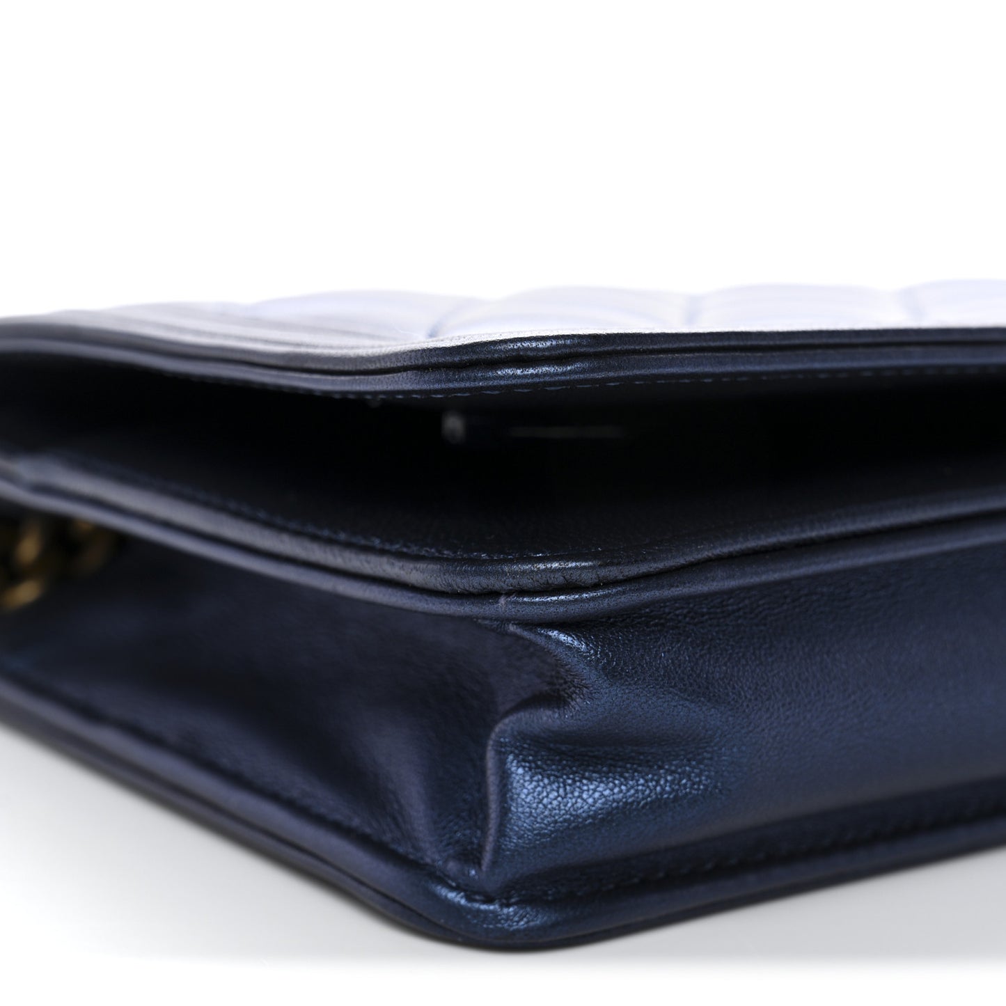 Metallic Calfskin Quilted Boy Wallet On Chain WOC Navy Blue