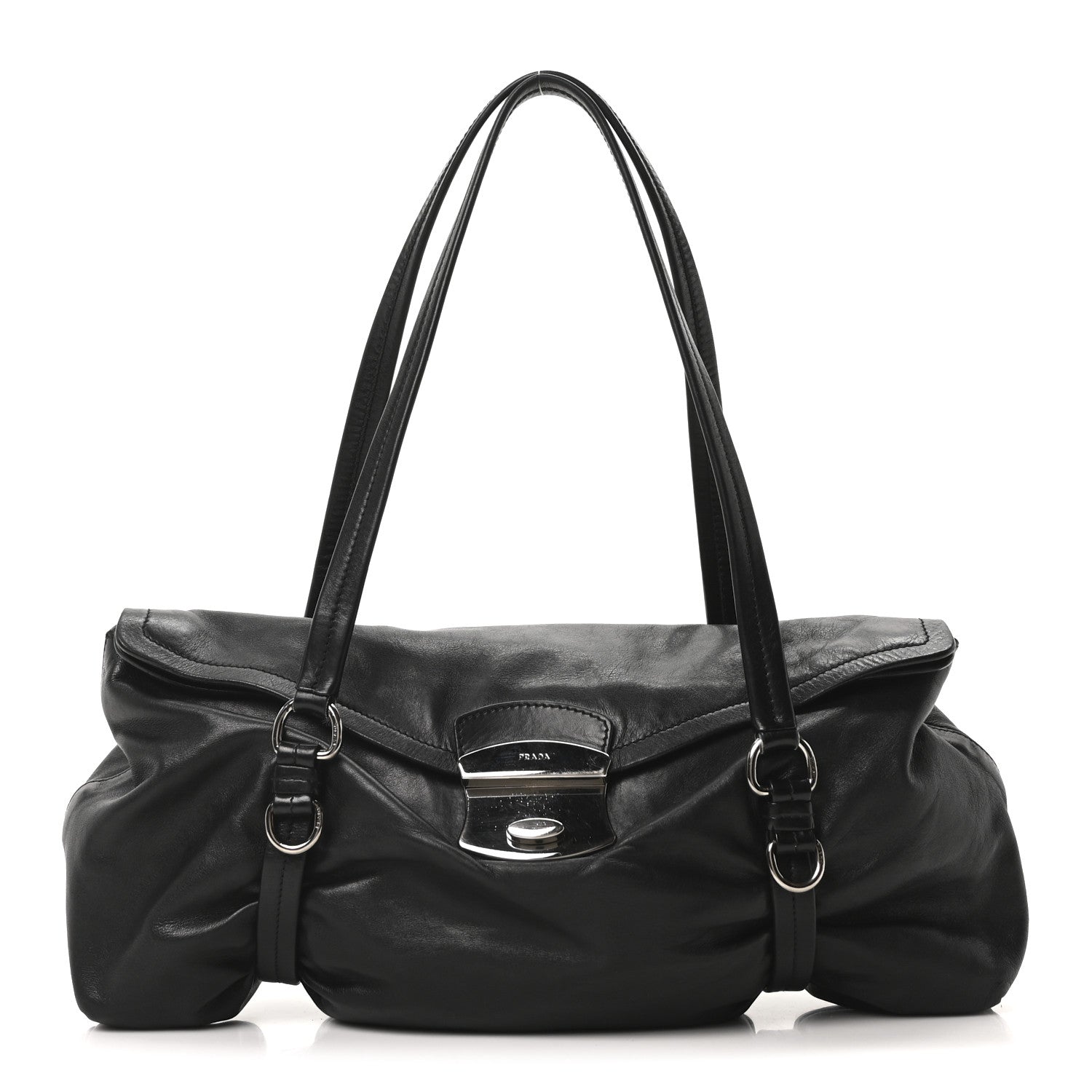 Prada Vitello Belt Easy Foldover Pushlock Satchel Black 1 of 9