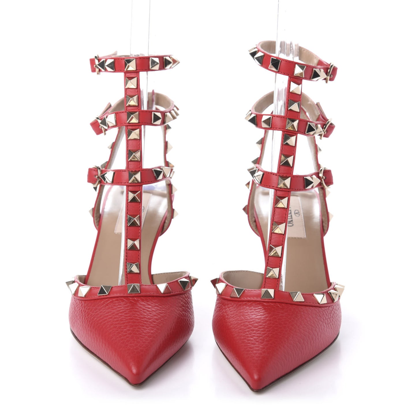 Pebbled Calfskin Rockstud Ankle Strap Low Heel Pumps 37 Rosso