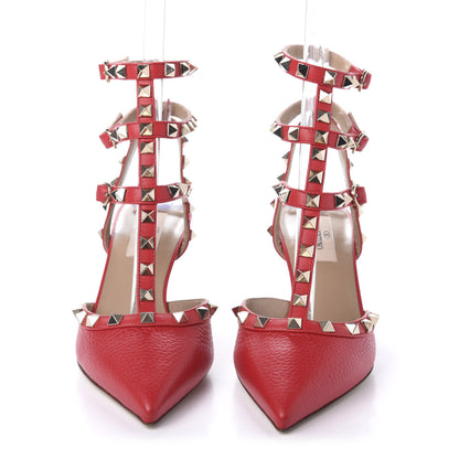 Valentino Garavani Pebbled Calfskin Rockstud Ankle Strap Low Heel Pumps 37 Rosso 2 of 9