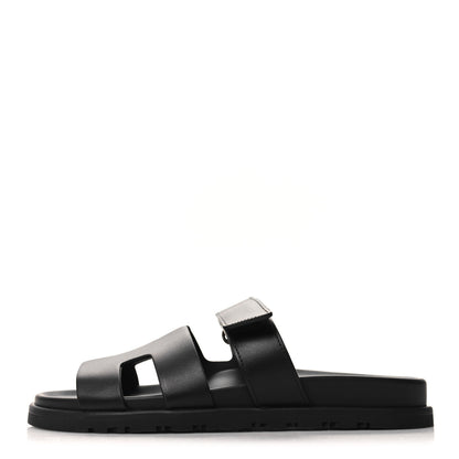 Hermes Calfskin Womens Chypre Sandals 37.5 Black 1 of 9