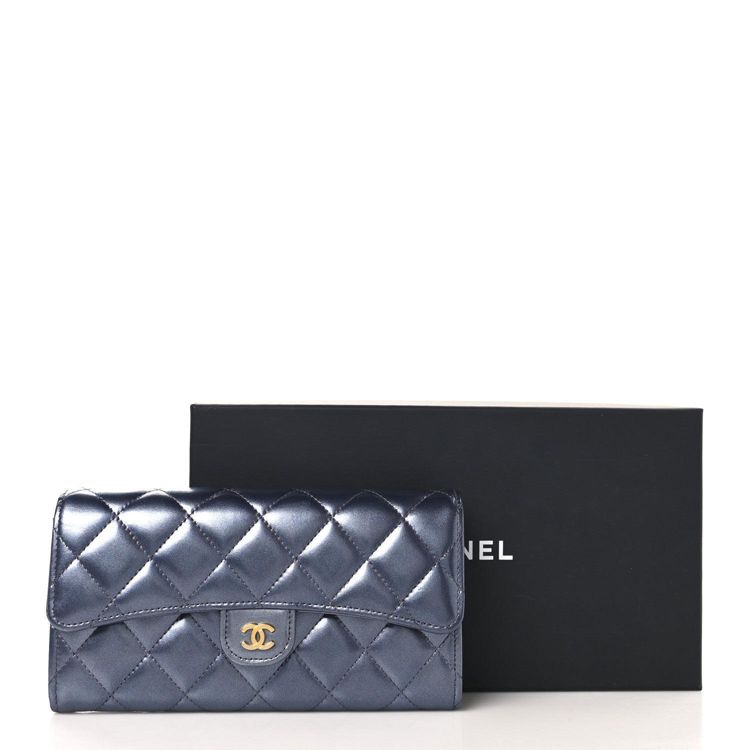 Chanel Metallic Lambskin Quilted Large Gusset Flap Wallet Dark Blue 9 of 9