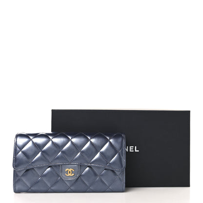 Chanel Metallic Lambskin Quilted Large Gusset Flap Wallet Dark Blue 9 of 9