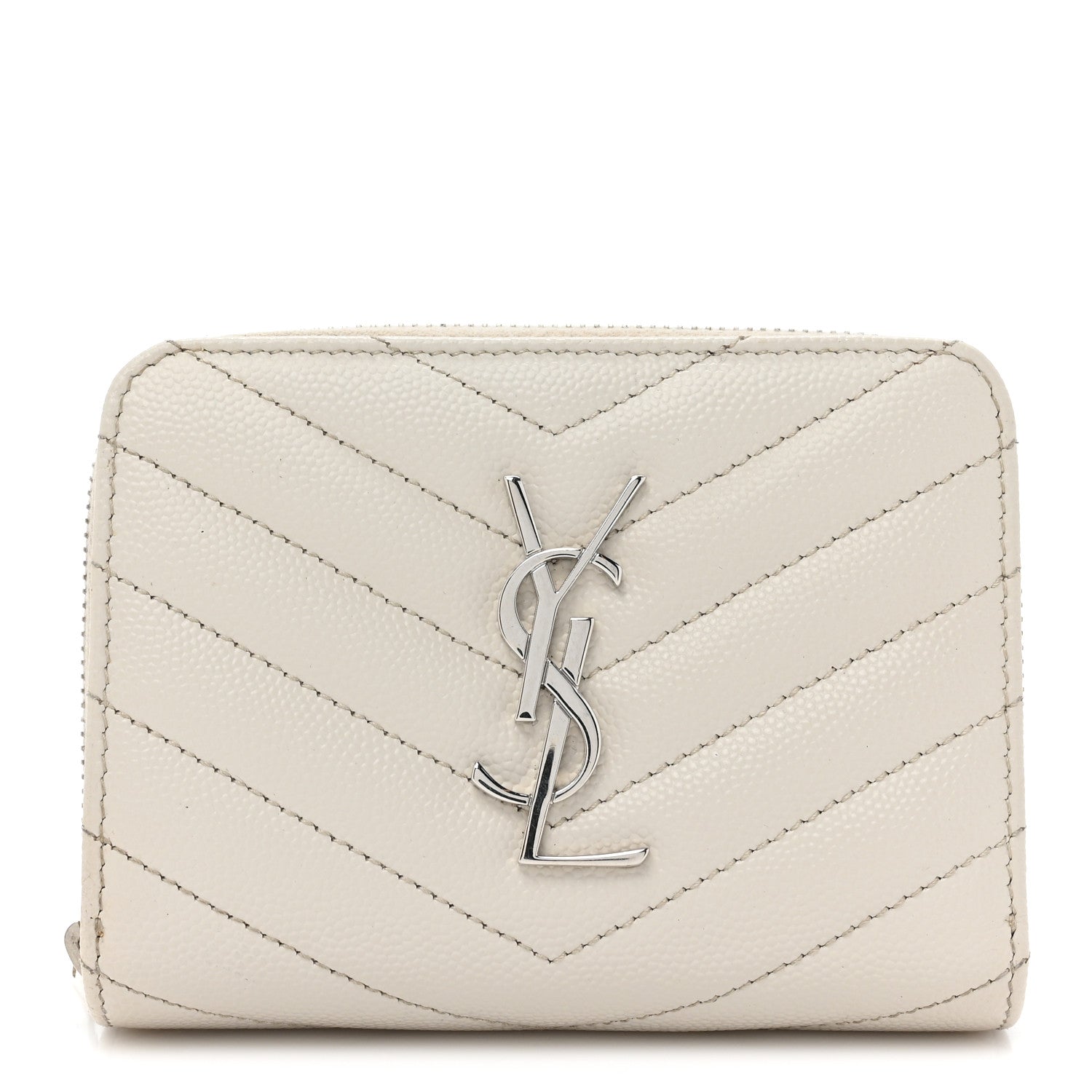 Saint Laurent Grain De Poudre Matelasse Chevron Monogram Compact Zip Around Wallet Ivory 1 of 14