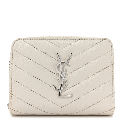 Saint Laurent Grain De Poudre Matelasse Chevron Monogram Compact Zip Around Wallet Ivory 1 of 14