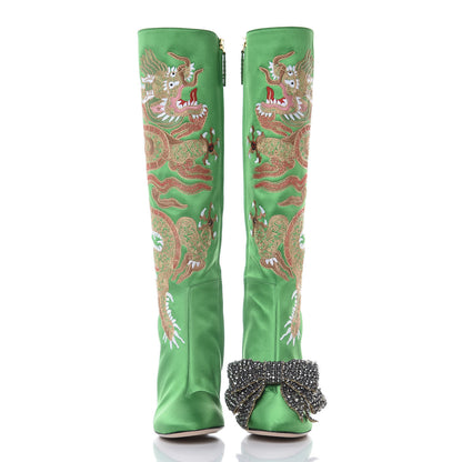 Gucci Silk Satin Malaga Kid Embroidered Candy Dragon Block-Heel Knee Boot 36 Green 3 of 20