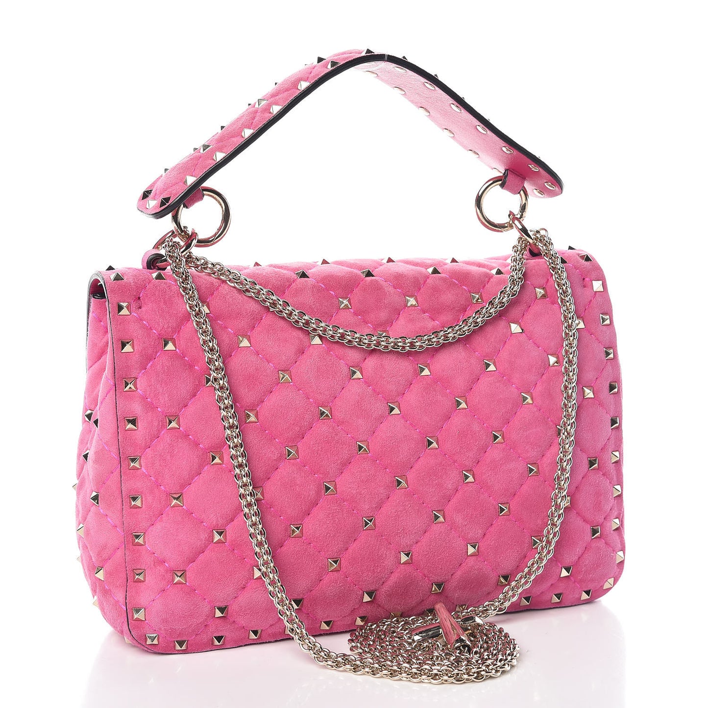 Suede Medium Rockstud Spike Shoulder Bag Bright Fuxia
