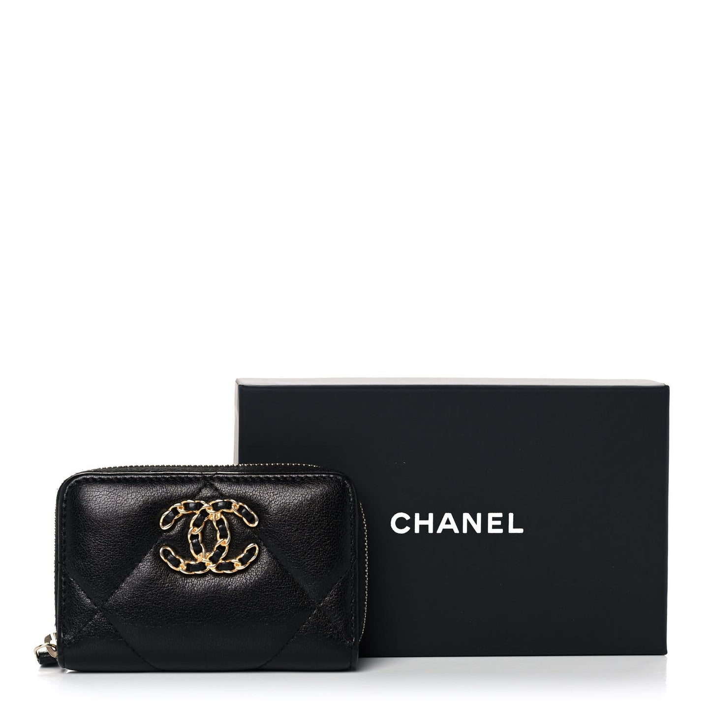 Shiny Goatskin Quilted Chanel 19 Zip Around Coin Purse Wallet Black