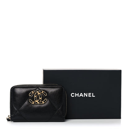 Chanel Shiny Goatskin Quilted Chanel 19 Zip Around Coin Purse Wallet Black 13 of 13