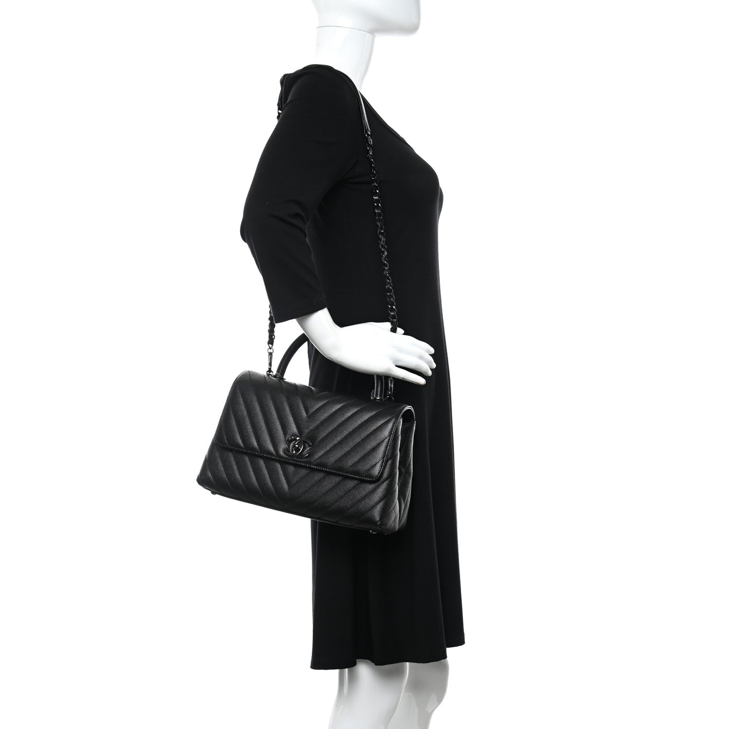 Caviar Chevron Quilted Small Coco Handle Flap So Black