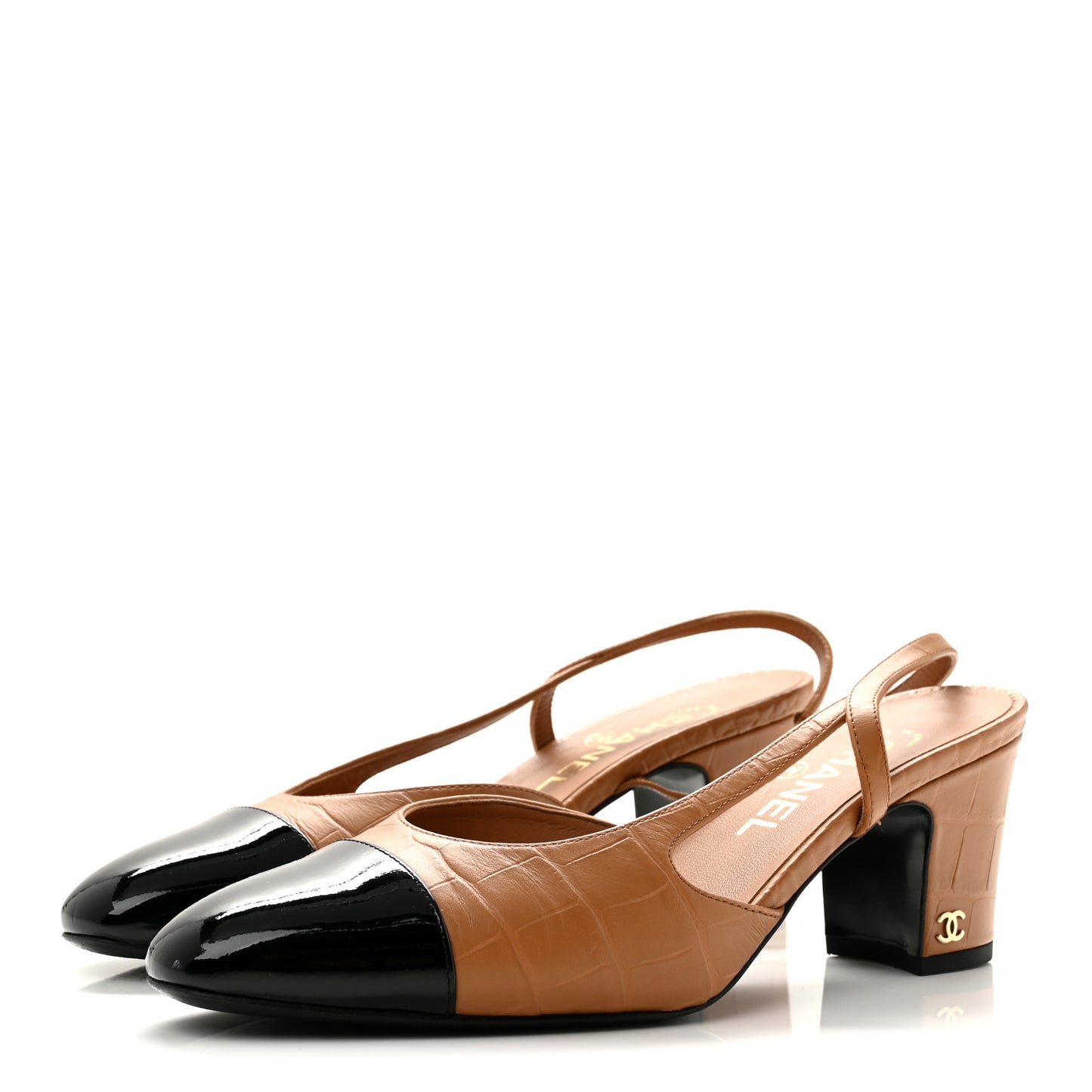 Calfskin Crocodile Embossed Patent Cap Toe CC Slingback Pumps 38.5 Light Brown Black