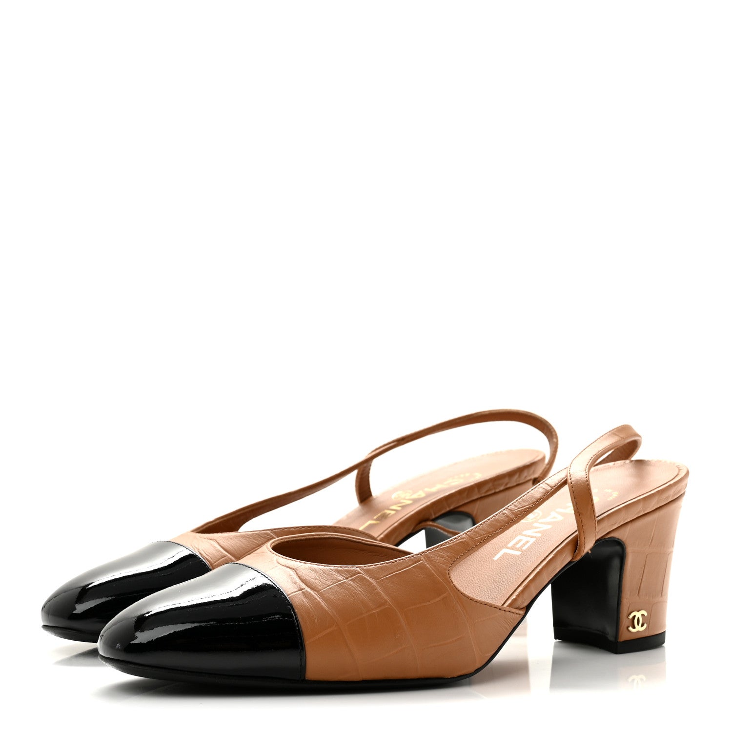 Chanel Calfskin Crocodile Embossed Patent Cap Toe CC Slingback Pumps 38.5 Light Brown Black 4 of 10