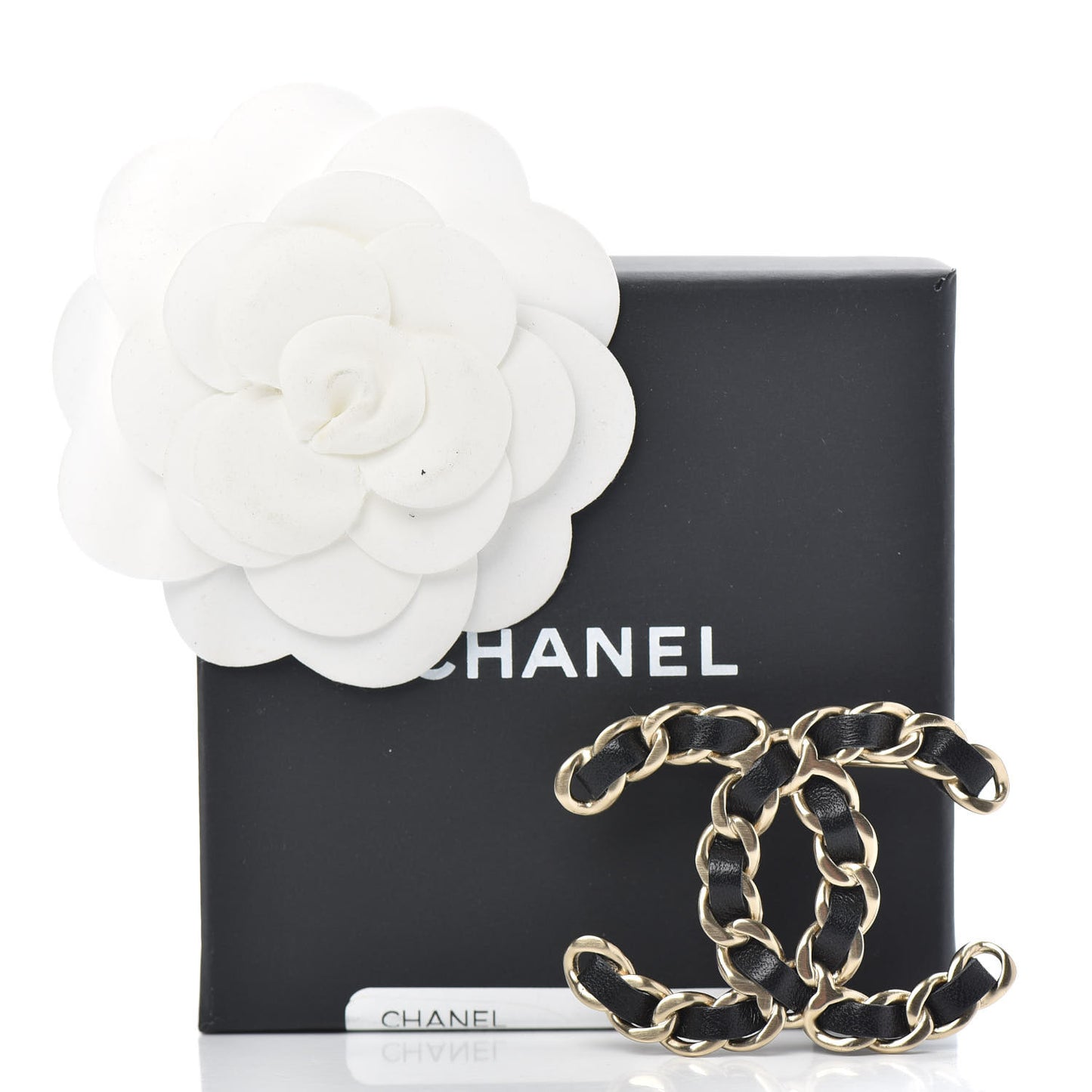 Lambskin Chain CC Brooch Black Gold