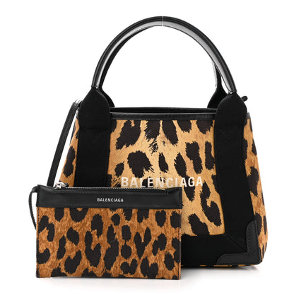 Balenciaga Cotton Canvas Satin Calfskin Leopard Print Navy Cabas XS Beige Black 3 of 11