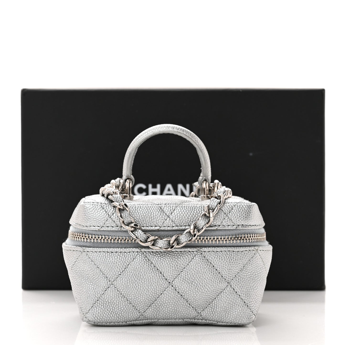 Metallic Caviar Quilted Mini Top Handle Vanity With Chain Silver