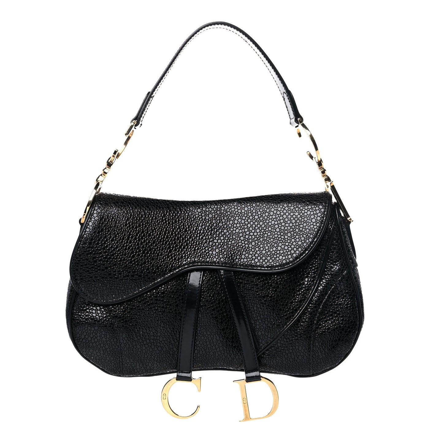 Calfskin Stingray Embossed Double Saddle Bag Black
