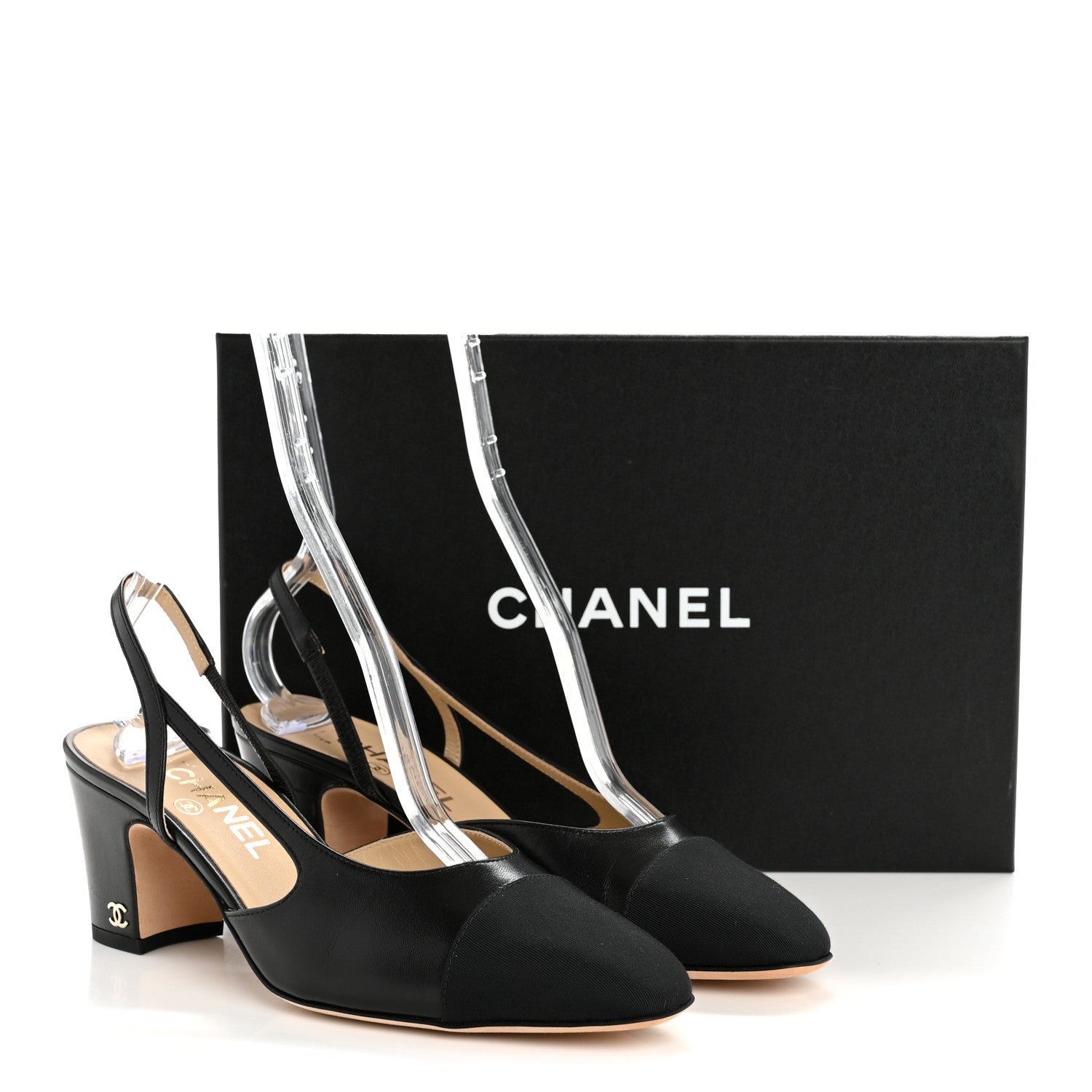 Chanel Goatskin Grosgrain Cap Toe CC Slingback Pumps 38 Black 10 of 10