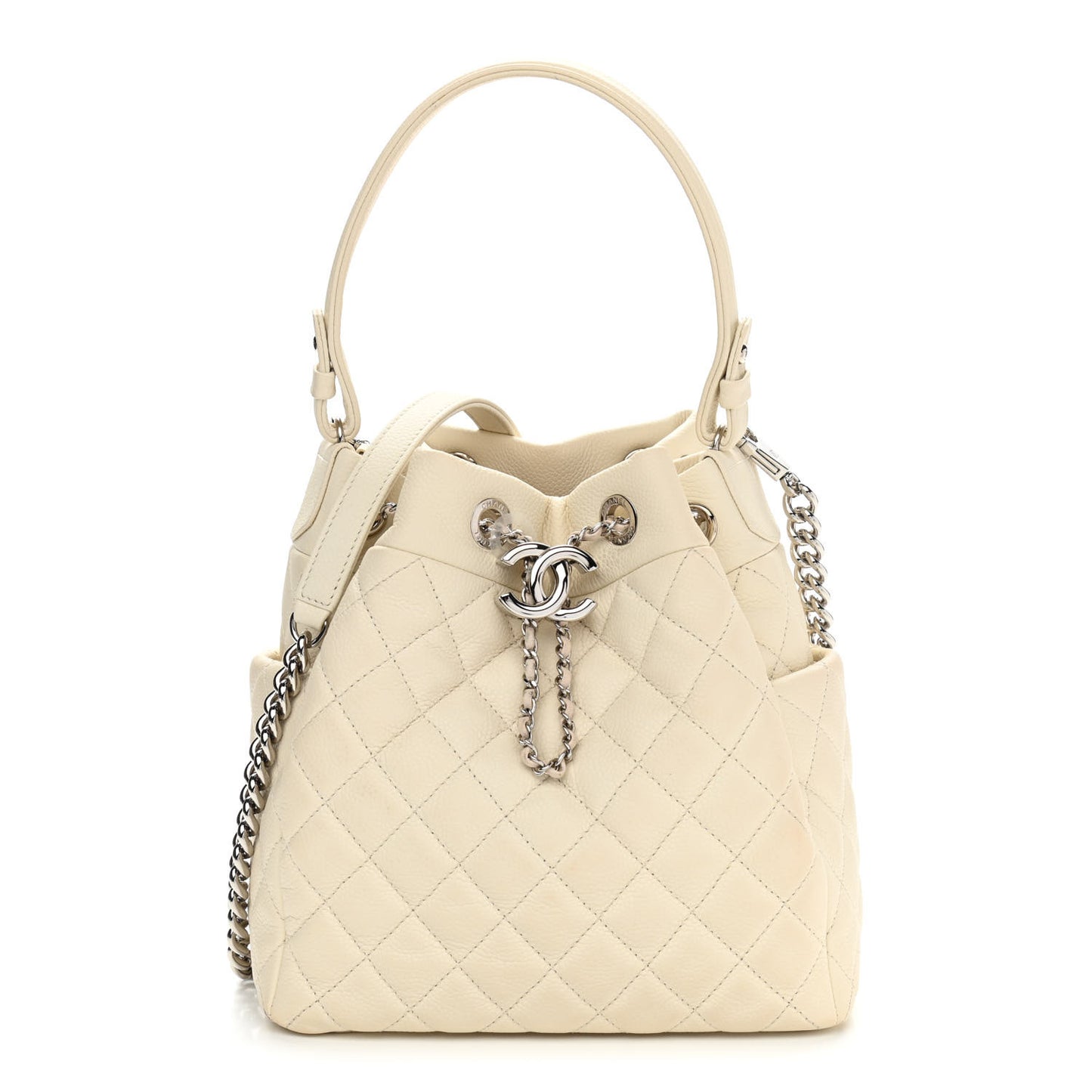 Caviar Flat Quilted CC Chain Bucket Drawstring Bag Light Beige