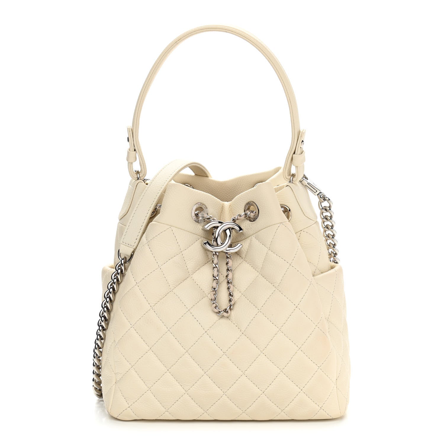 Chanel Caviar Flat Quilted CC Chain Bucket Drawstring Bag Light Beige 1 of 14