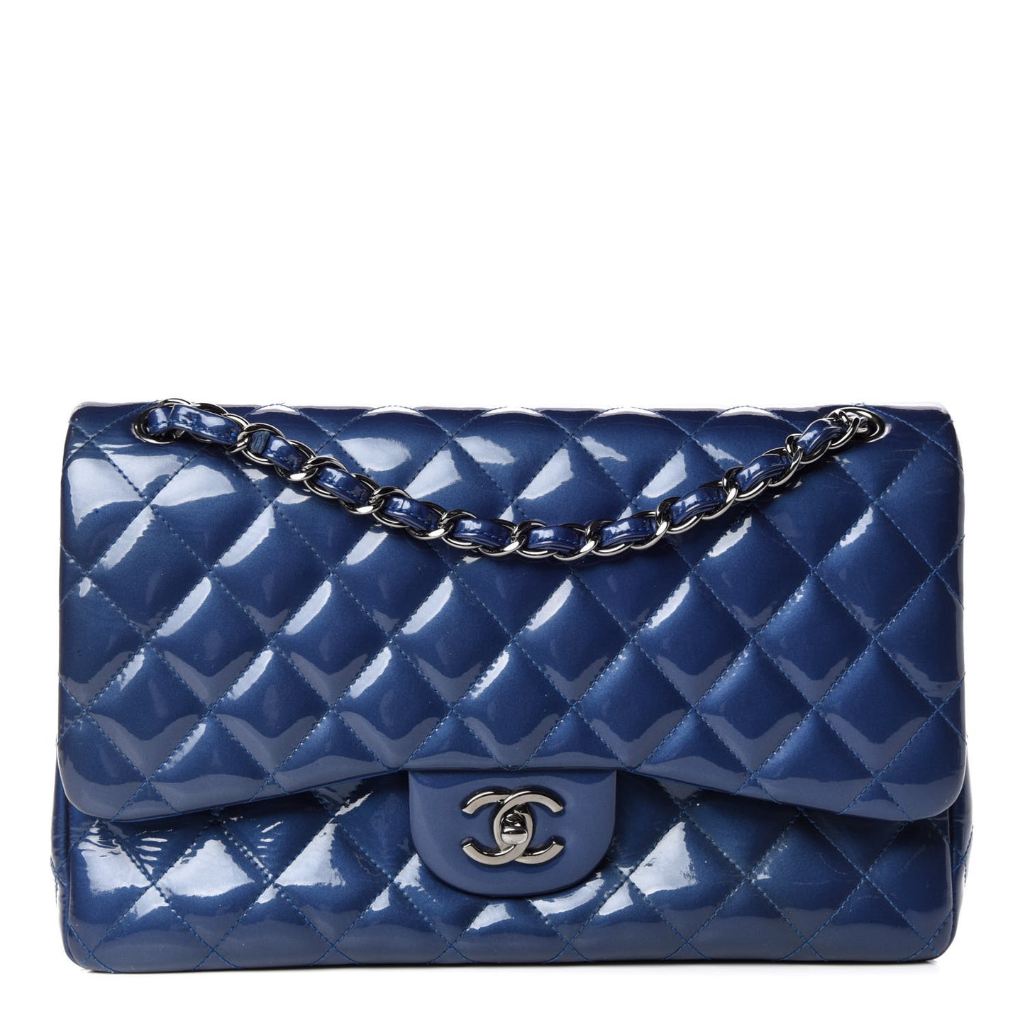 Patent Quilted Jumbo Double Flap Dark Blue
