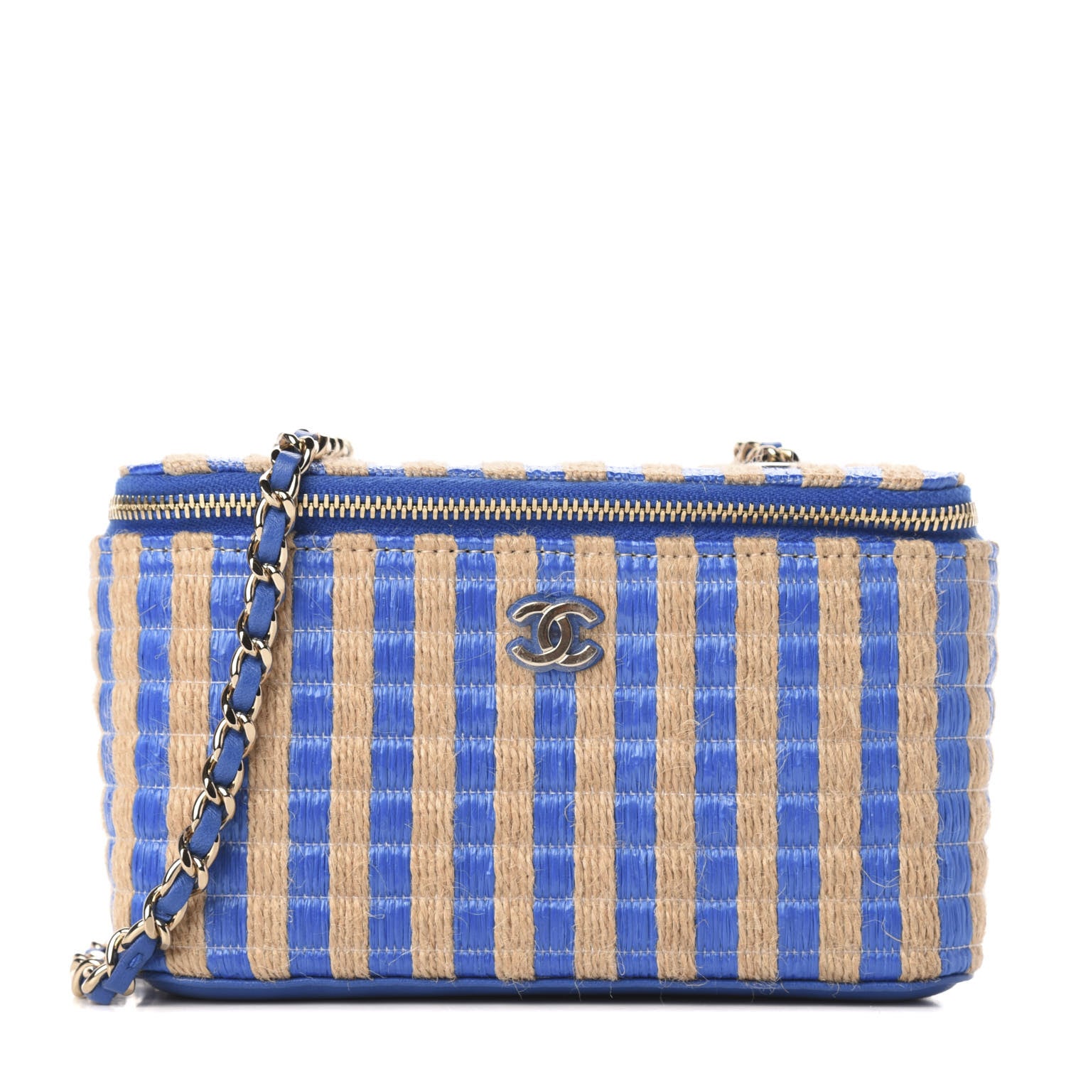 Chanel Raffia Jute Striped Small Vanity Case With Chain Blue Beige 1 of 10