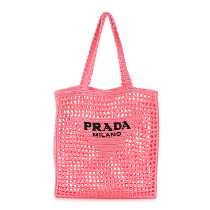 Prada Yarn Raffia Effect Crochet Logo Embroidered Tote Bag Petalo 1 of 8