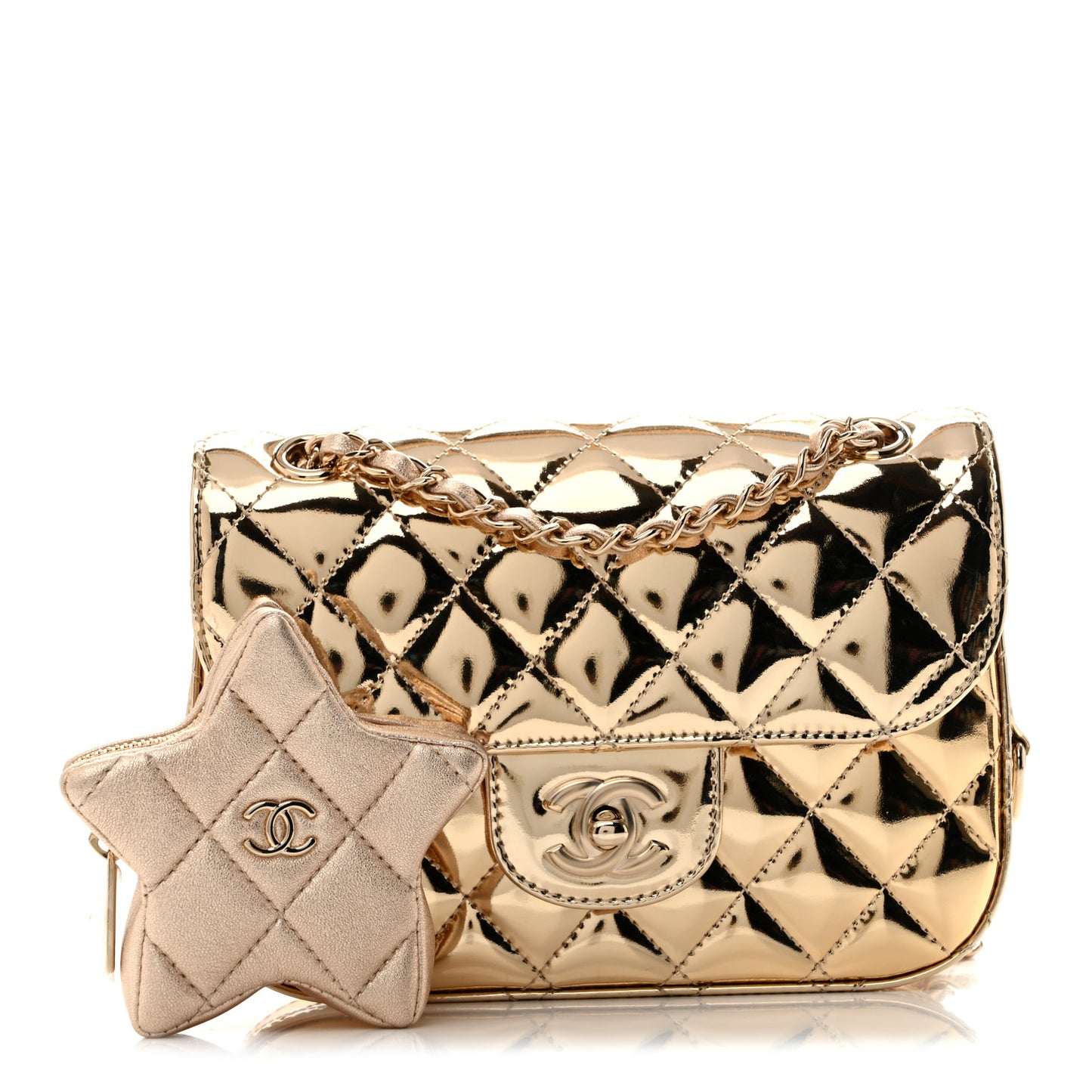 Mirror Calfskin Metallic Calfskin Quilted Hollywood Boulevard Mini Flap With Star Coin Purse Gold