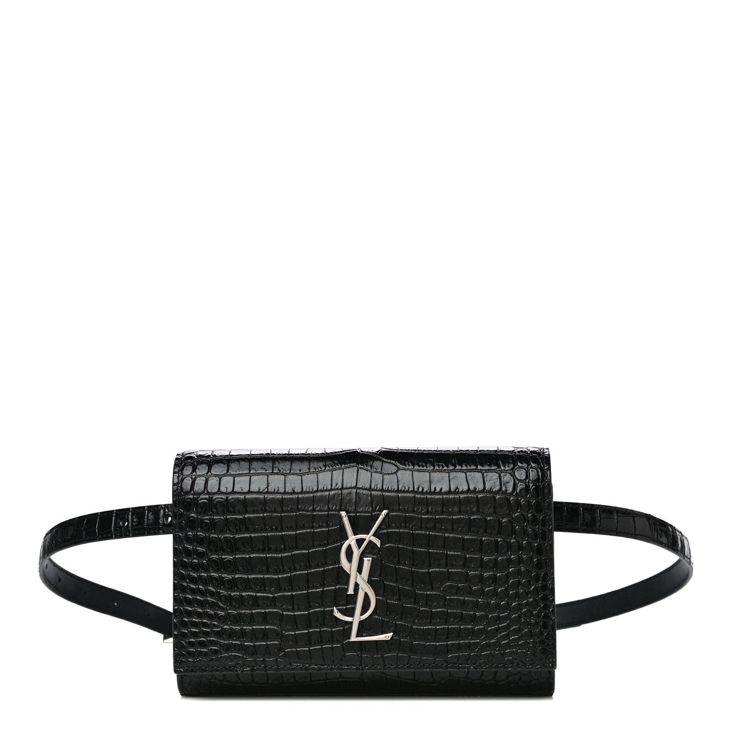 Saint Laurent Calfskin Crocodile Embossed Monogram Kate Belt Bag Black 1 of 20