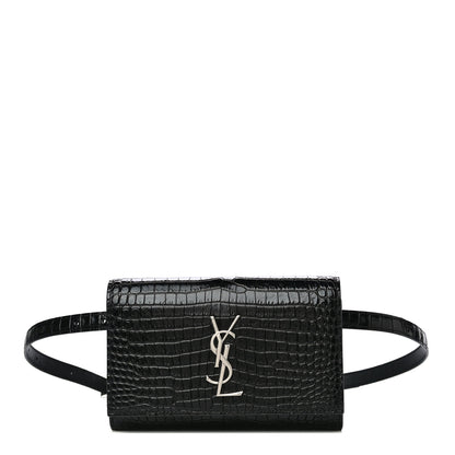 Saint Laurent Calfskin Crocodile Embossed Monogram Kate Belt Bag Black 1 of 20