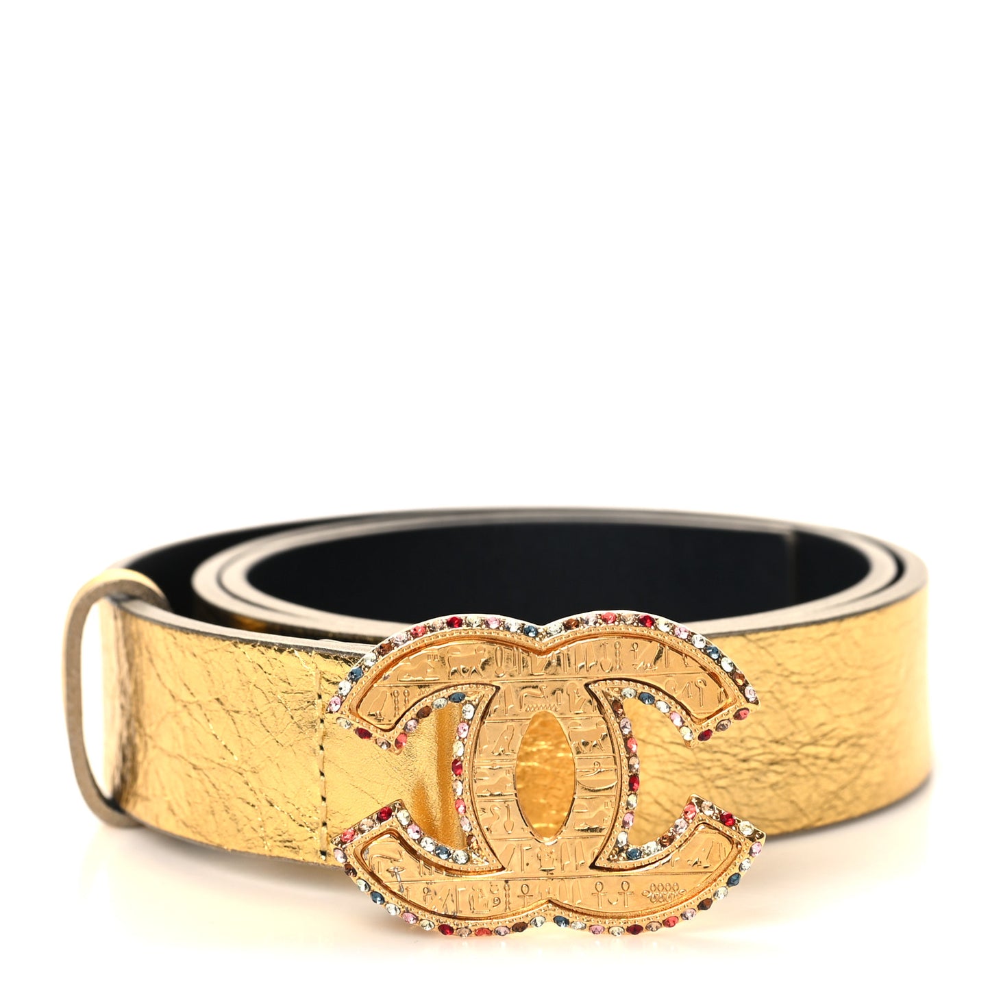 Metallic Calfskin Crystal Embellished CC Scarab Belt 70 28 Gold