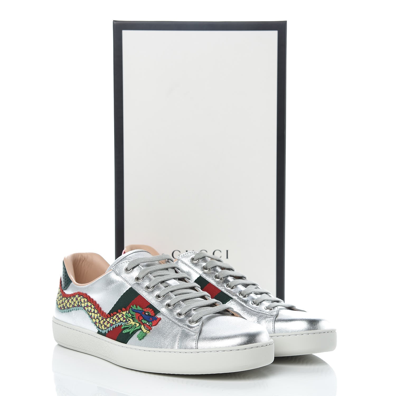 Gucci Metallic Nappa Ayers Web Dragon Embroidered Mens New Ace Sneakers 11 Silver 10 of 10