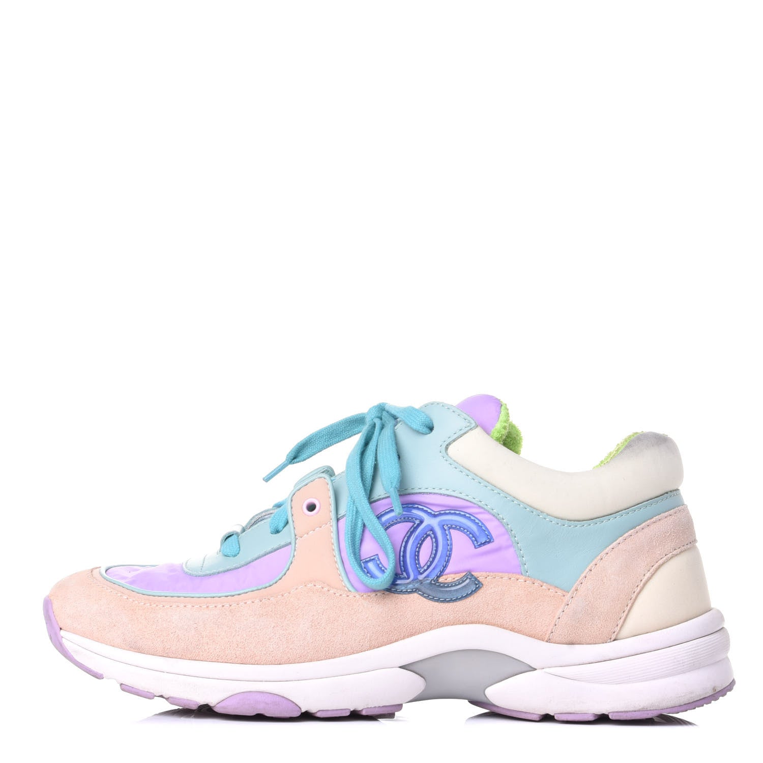 Chanel Nylon Lambskin Suede Calfskin CC Sneakers 39 Green Purple Pink 1 of 10