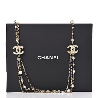Chanel Graduated Pearl Crystal CC Long Necklace Silver Pearly White 6 of 6