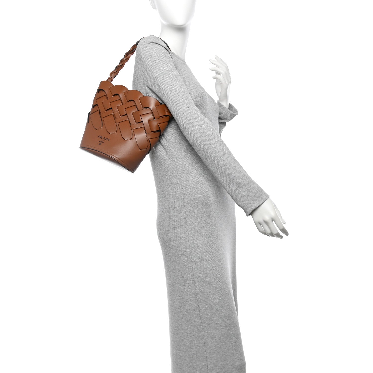Prada Vitello Intreccio Tress Bucket Bag Cognac Black 2 of 14